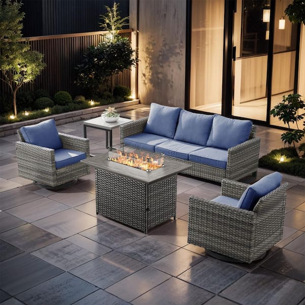 UvaNest Gray 5-Piece Wicker Patio Fire Pit Conversation Sofa Set with Blue Cushions, Outdoor Sofa and Swivel Glider