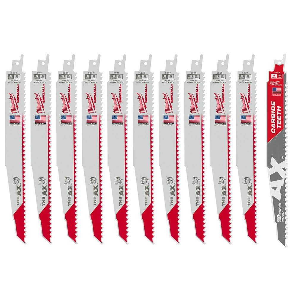 Milwaukee 9 in. 5 TPI AX Nail-Embedded Wood Cutting SAWZALL Reciprocating Saw Blades with Carbide Ax Blade (11-Pack)