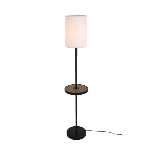 Uixe 57.1 in. Matte Black Standard Floor Lamp With Metal Table White Fabric Shade and USB Port