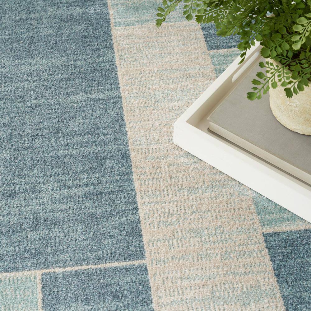 Blue Ivory Geometric 5' x 7' Machine Washable Area Rug