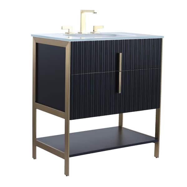 FINE FIXTURES 30 in. W x 18 in. D x 33.5 in. H Bath Vanity in Black Matte with Glass Vanity Top in White with Brass Hardware