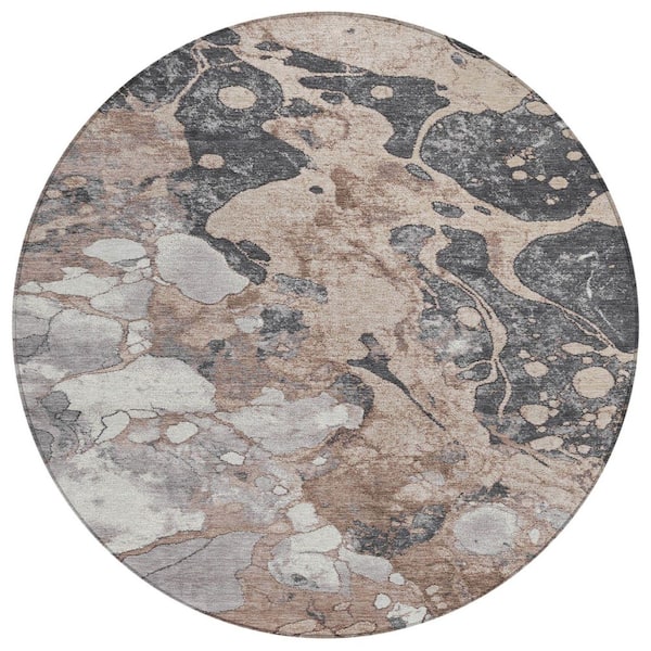 Chantille Machine Washable Indoor/Outdoor Abstract ACN1909 Mocha 8 ft. x 8 ft. Round Rug