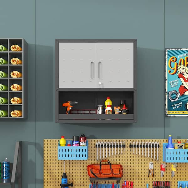 Metal Wall-Mounted Tool Storage Cabinet 195 lbs. in Black + Gray with Locking Door for Garage Warehouse, Office