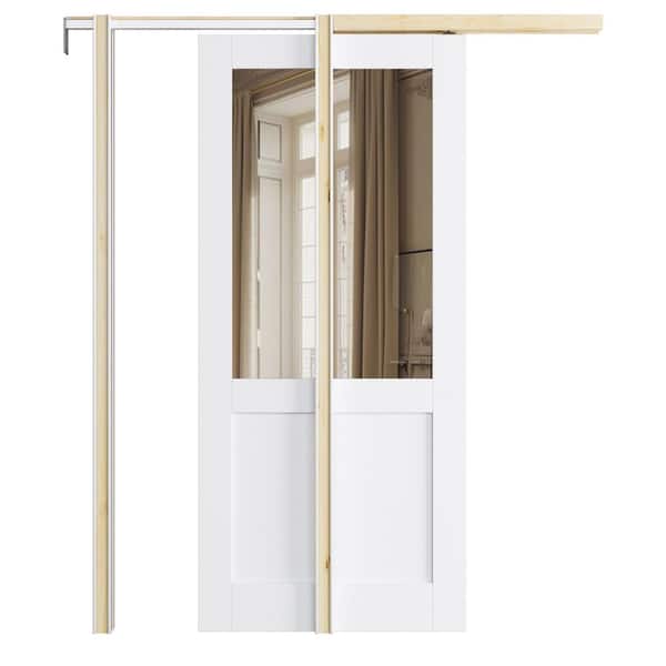 ARK DESIGN 36 in. x 80 in. Half Lite Mirrored Glass White Primed MDF Wood Pocket Sliding Door with Hardware Kit
