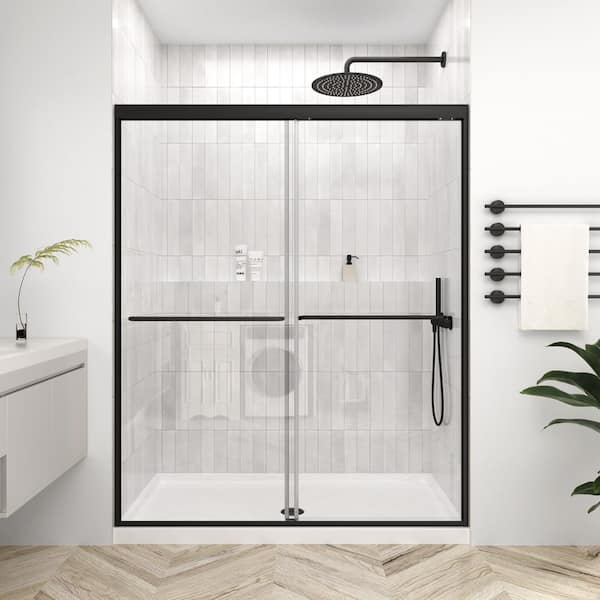 56 to 60 in. W x 70 in. H Double Sliding Framed Shower Door in Matte Black with 1/4 in. Easy-Clean Clear Tempered Glass
