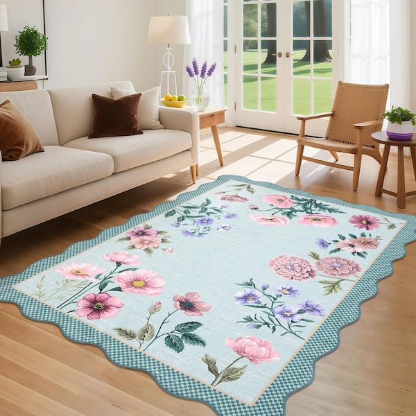 Light Blue 9 ft. x 12 ft. Floral Scalloped Rug Low Pile Non-Slip Polyester for Living Rooms and Bedrooms