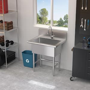 30 in. W x 24 in. D Freestanding Stainless Steel 1-Compartment Commercial Laundry/Utility Sink with Faucet and Drain