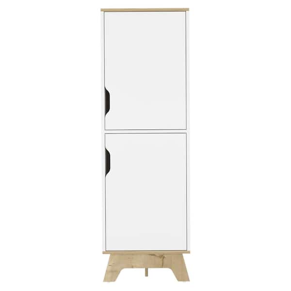 cadeninc 17.7 in. W x 15.7 in. D x 59.3 in. H Light Oak and White Linen Cabinet Storage Cabinet with 4 Shelves and Double Door