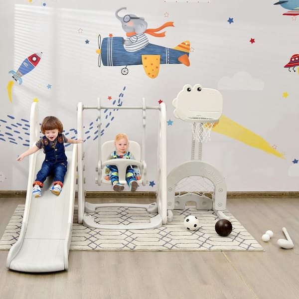 6-in-1 White Toddler Slide and Swing Set Climber Playset w/Ball Games