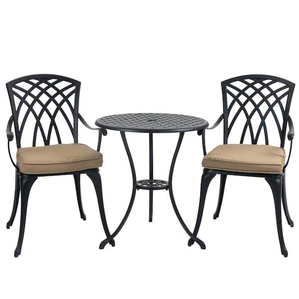 Vintage Lattice Style Black 3-Piece Cast Aluminum Outdoor Bistro Set with Gray Cushions Umbrella Hole And Rust-Resistant