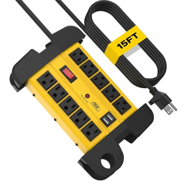 Lukyamzn 10-Outlet Metal Surge Protector Power Strip Heavy Duty with 15 ft. Cord USB Wall Mount 2800J 15A Circuit Breaker