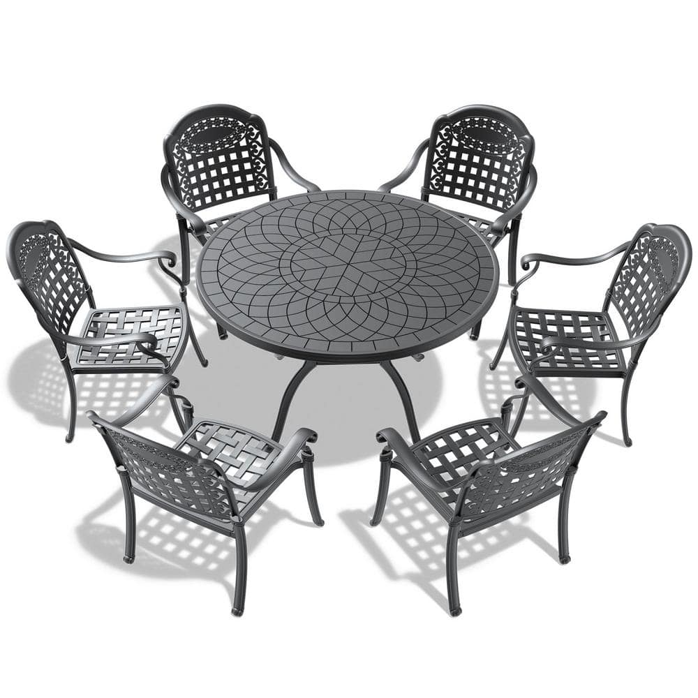 Black 7-Piece Cast Aluminum Patio Conversation Set with Black Frame and Ran