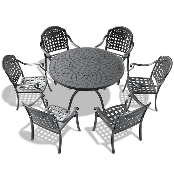 Tidoin Black 7-Piece Cast Aluminum Patio Conversation Set with Black Frame and Random Solid Color Cushions