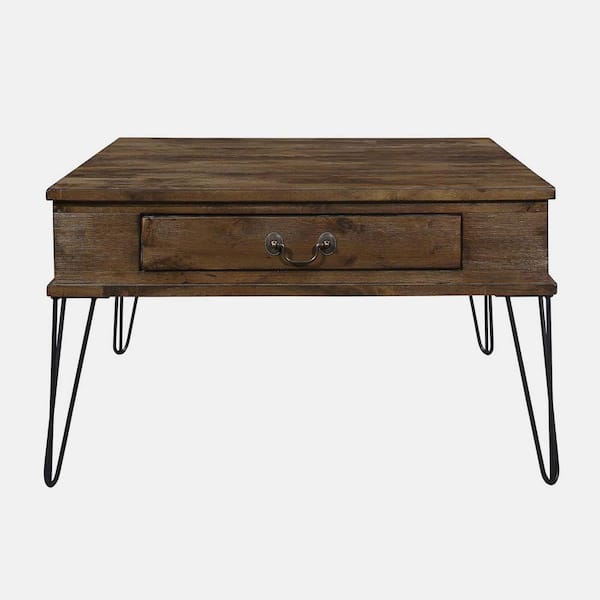 wetiny 31.5 in. Rustic Oak and Black Finish Square Solid Wood Coffee Table with 2-Drawers
