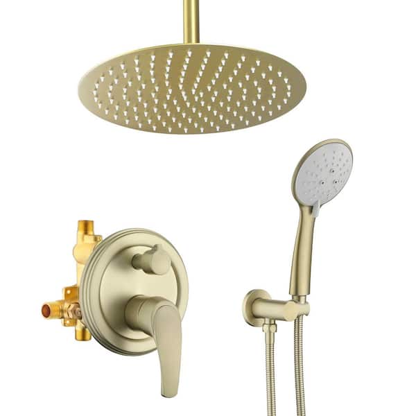 Single Handle 5-Spray Ceiling Mount Shower Faucet 1.8 GPM with Pressure Balance 12 Inch Shower System in Brushed Gold