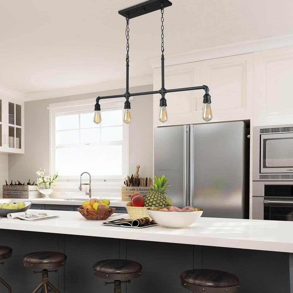 Matte Black Industrial 4-Light Pipe Island Pendant