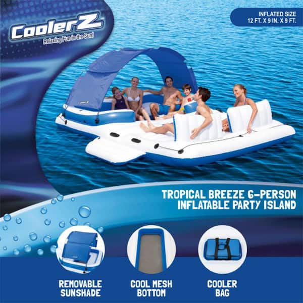 White Vinyl Rectangle CoolerZ Tropical Breeze 6-Person Floating Island Pool Lake Raft Lounge