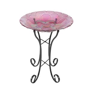 Pink Swirl Flower Glass Bird Bath with Metal Stand