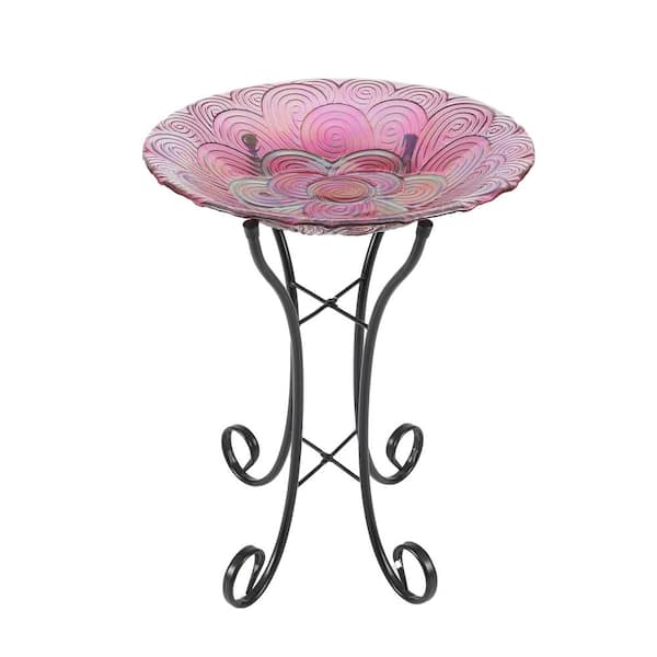 LuxenHome Pink Swirl Flower Glass Bird Bath with Metal Stand