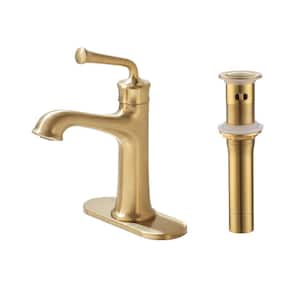 Single Handle Vessel Sink Faucet Single Hole Bathroom Faucet with Waterfall and Deck Plate in Brushed Gold