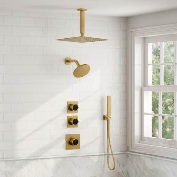 FlexiRain 5-Spray Dual Ceiling Mount 12 in. Fixed and Handheld Shower Head 2.5 GPM in Brushed Gold Valve Included