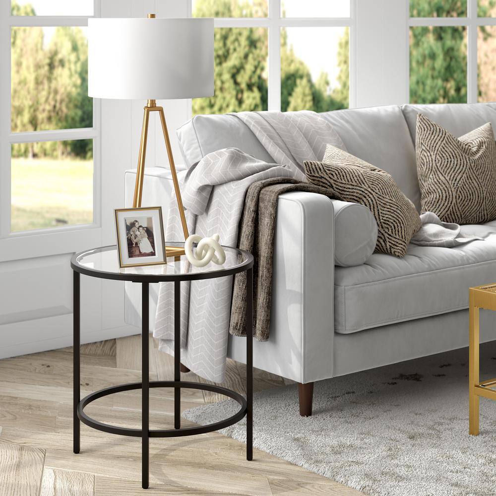 Modern Round Black Metal Side Table with Tempered Glass Top
