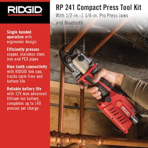 RP 241 Compact Inline Press Tool Kit Includes 4 ProPress Jaws (1/2, 3/4, 1, 1-1/4 in.), 2-12V Batteries, Charger + Case