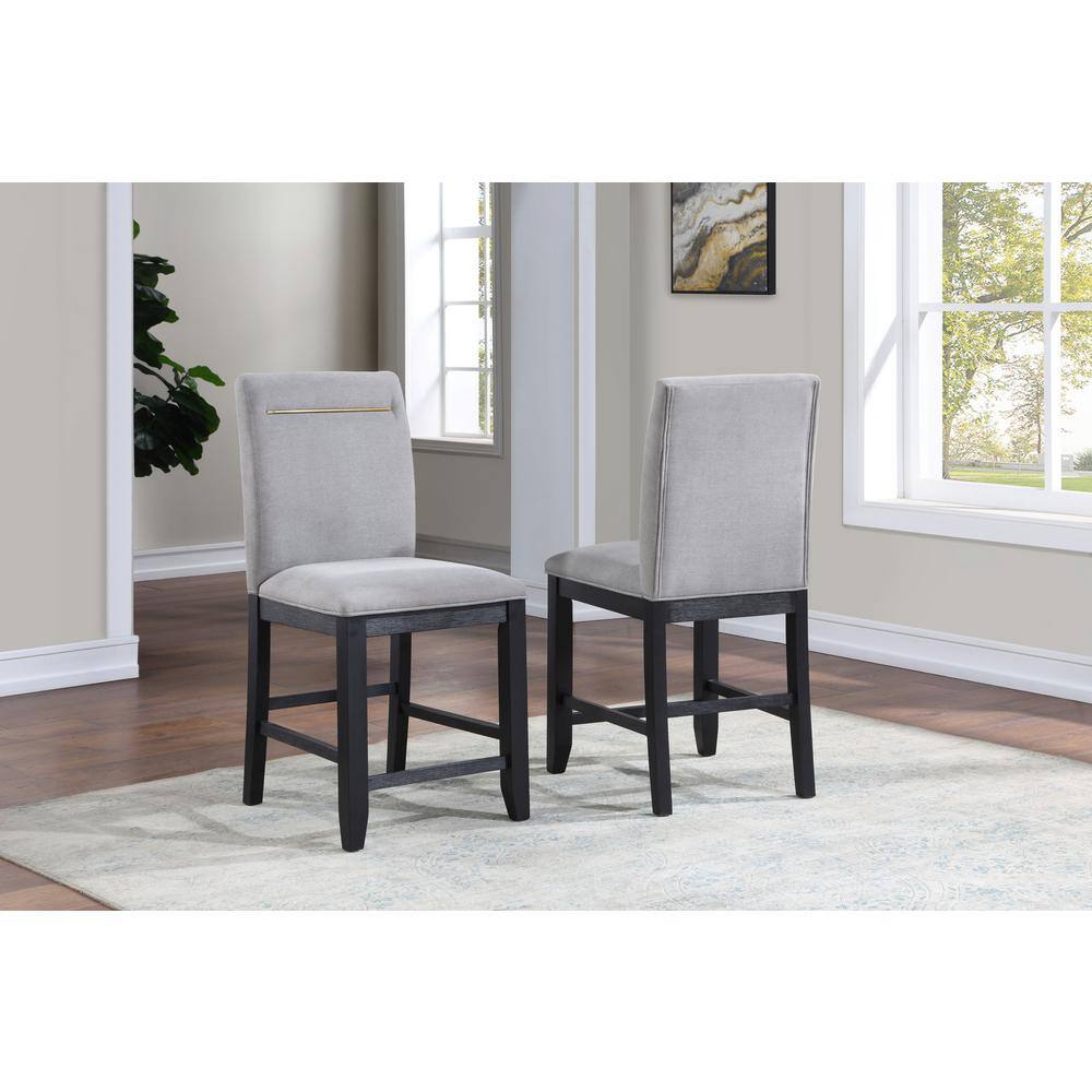 Gray Fabric and Charcoal Wood Counter Stools with Gold Accent