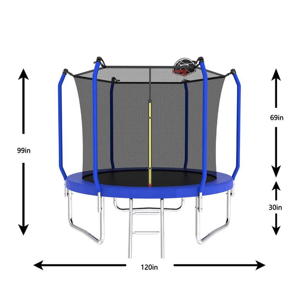 Blue 10FT Round Trampoline with Enclosure and Basketball Hoop