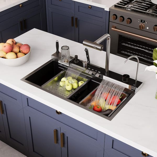 31.5 in. L Drop-in Single Bowl Black 18 Gauge Stainless Steel Kitchen Sink with Digital Display Pull-Down Faucet