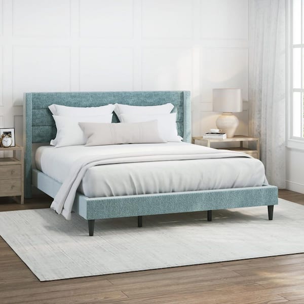 Demore Blue King Upholstered Bed with Horizontal Channel Tufting