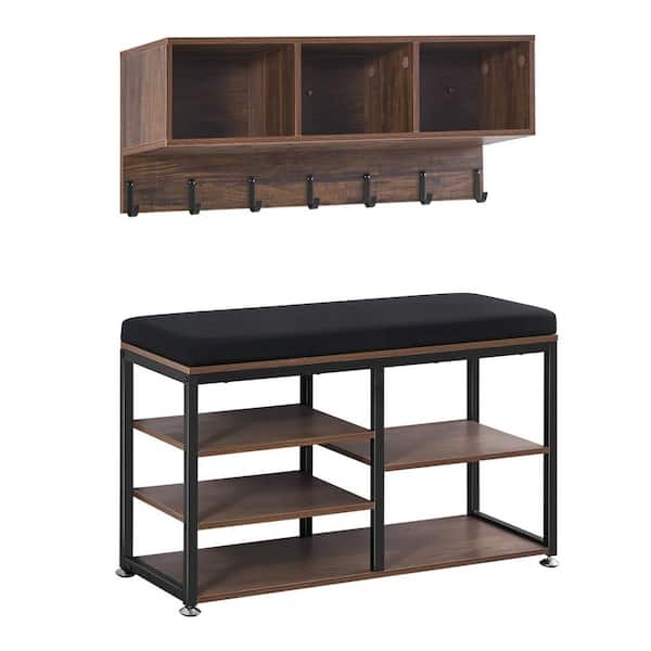 Coat Rack with Shoe Bench, 3-in-1 Shoe Coat Rack Combo Set with Hooks and Bookshelf, Steel Frame Hall Tree Entrance