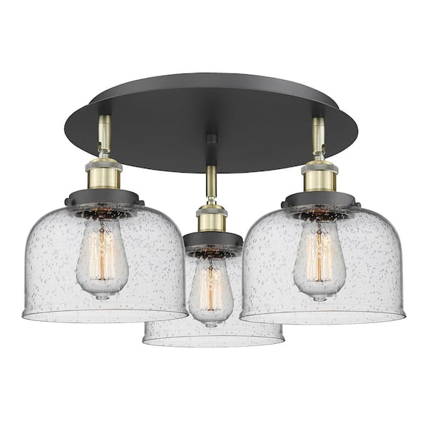 Innovations Bell 19.75 in. 3-Light Black Antique Brass Art Nouveau Flush Mount with Seeded Glass Shade