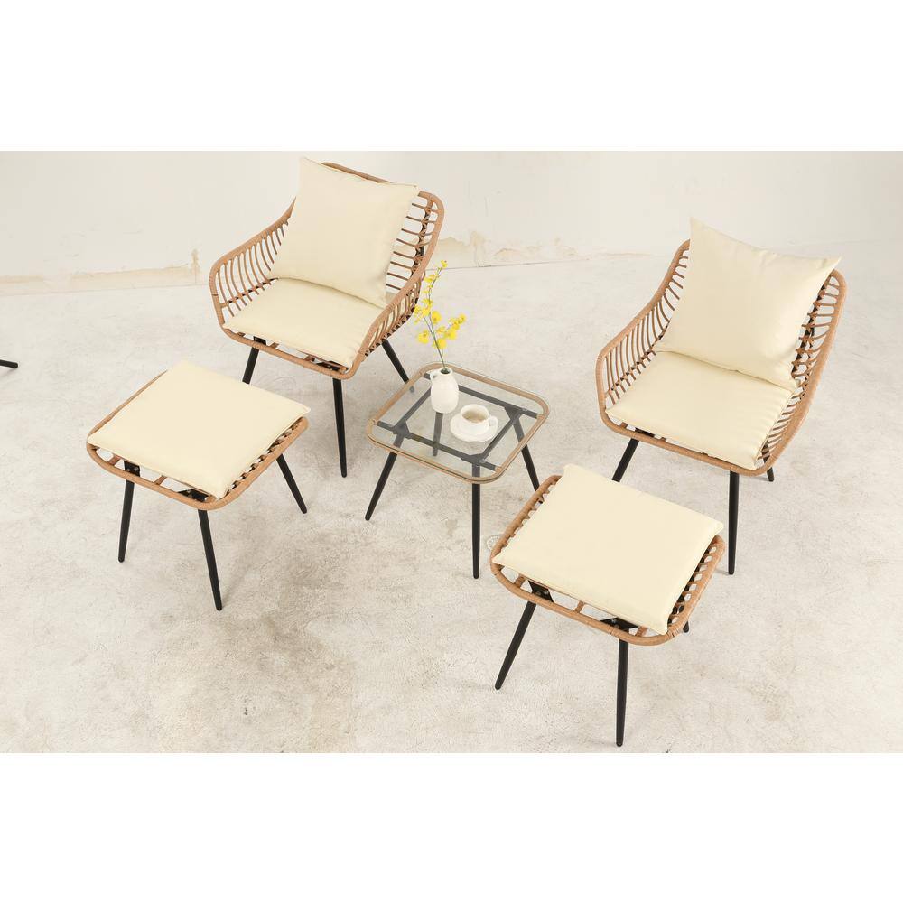 5-Piece Yellow Wicker Patio Conversation Set with Beige Cushions, Glass Tabletop price history on PriceWatchPro