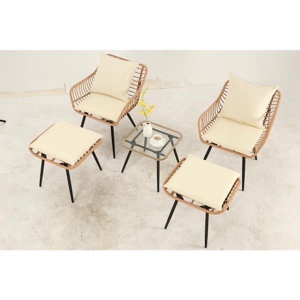 Tenleaf 5-Piece Yellow Wicker Patio Conversation Set with Beige Cushions, Glass Tabletop