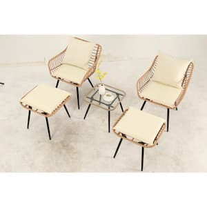 5-Piece Yellow Wicker Patio Conversation Set with Beige Cushions, Glass Tabletop