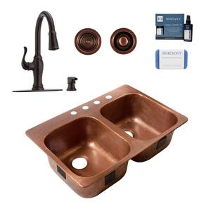 Santi 33 in. 4-Hole Right Drop-In Double Bowl 16 Gauge Antique Copper Kitchen Sink with Maren Bronze Faucet Kit