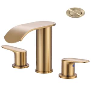 Waterfall 8 in. Widespread Double Handle Bathroom Faucet with Pop-up Drain in Gold