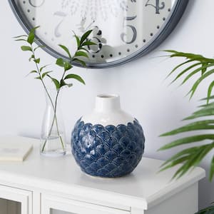 9 in. Blue Ceramic Decorative Vase with Shell Designs