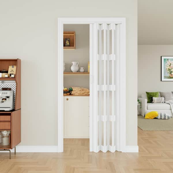 Blackout Door 36 in. x 80 in. White Dual 4-Lite PVC Accordion Door with Frosted Acrylic Glass with Hardware Kit