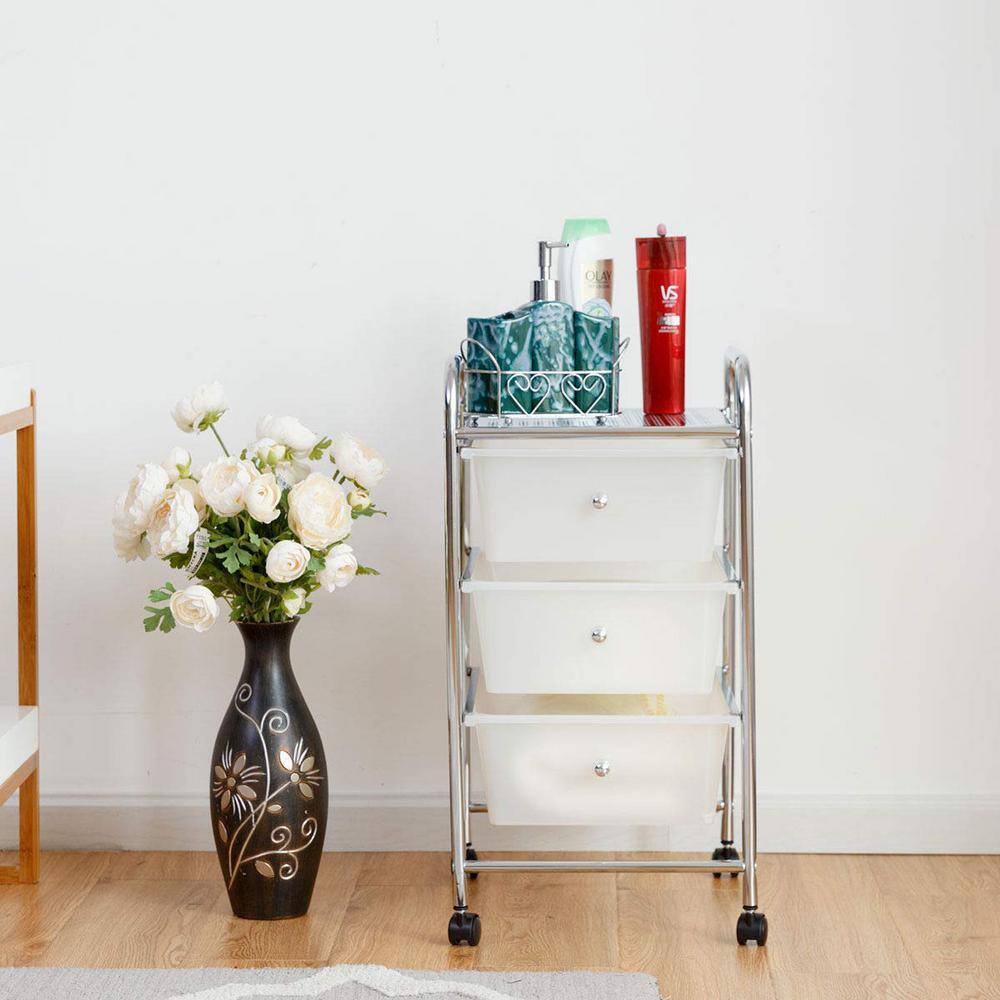White 3-Drawer Rolling Storage Cart with Chrome Frame