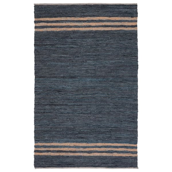 Vintage Leather 4 ft. x 6 ft. Blue/Beige Border Striped Area Rug