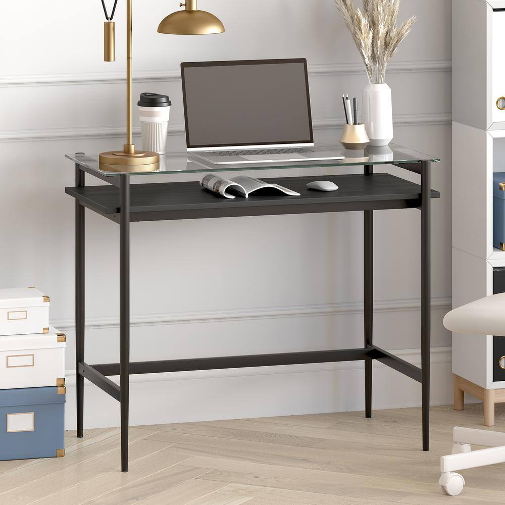 36" Blackened Bronze Desk with Glass Top and Shelf