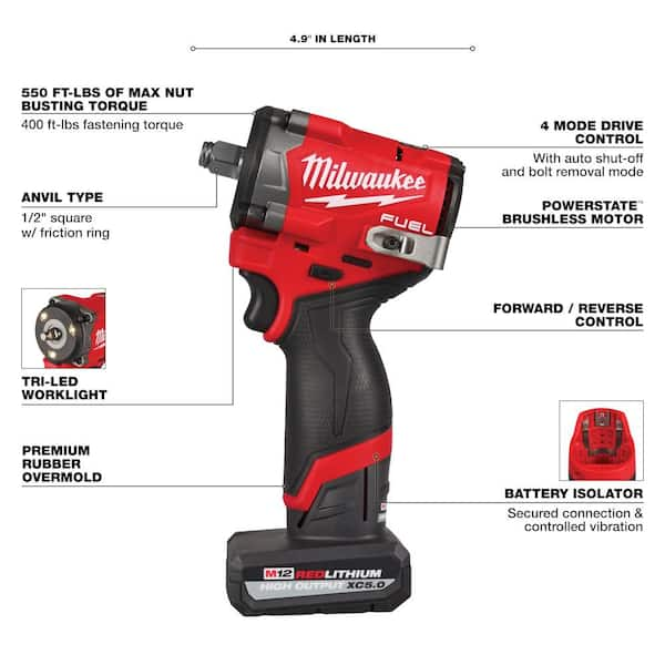 Milwaukee M12 FUEL 12V Li Ion Brushless Cordless Stubby 1 2 in. Impact Wrench Kit w 1 5.0Ah 1 2.5 Ah High Output Batteries 2563 22 The Home Depot