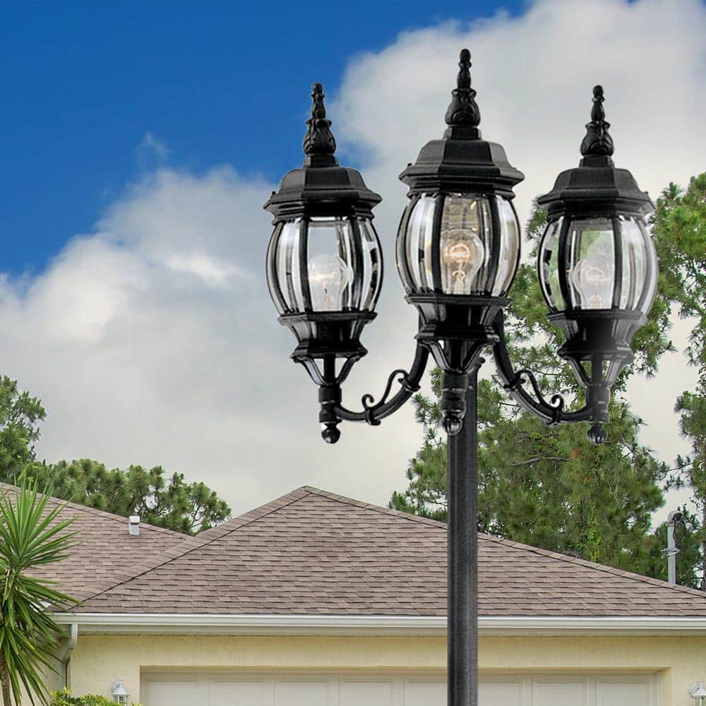 Black Steel Outdoor Post Light with Clear Glass Shades