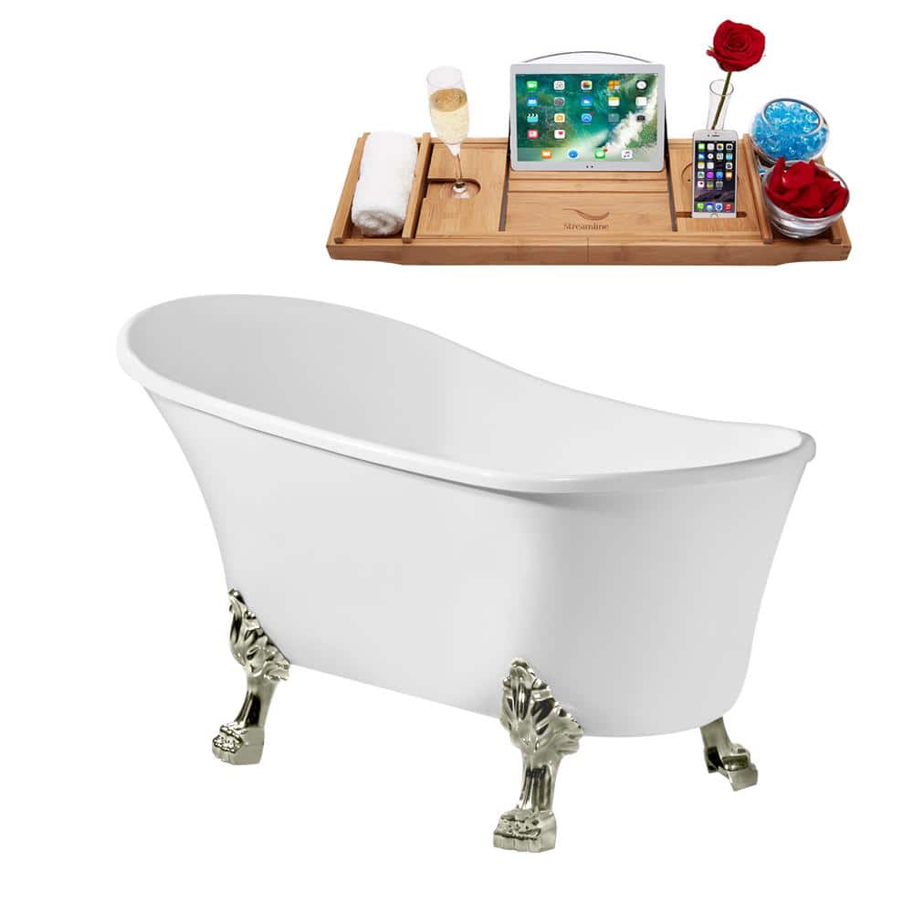 55" Glossy White Acrylic Clawfoot Bathtub with Brushed Nickel Feet