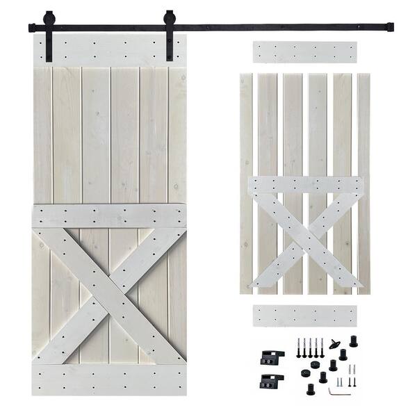 Akicon 30 in. x 84 in. White Painted Wood Sliding Door with Hardware Kit, Pre-Drilled Ready to Assemble
