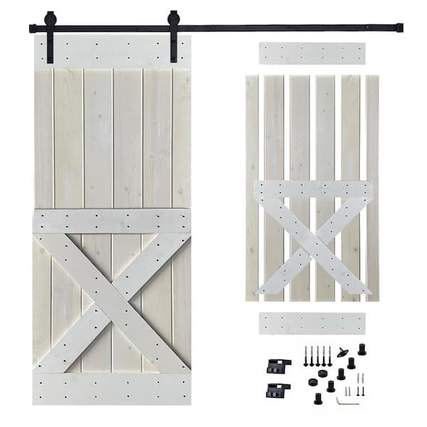Akicon 36 in. x 84 in. White Painted Wood Sliding Door with Hardware Kit, Pre-Drilled Ready to Assemble