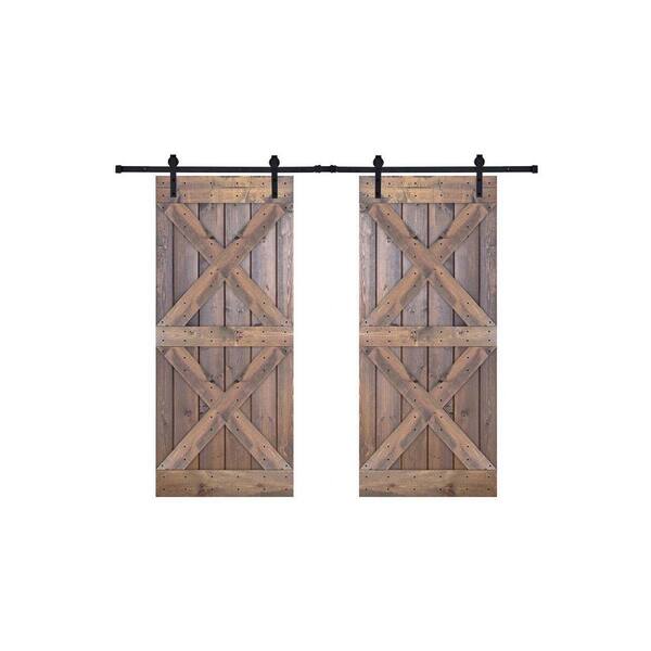Dessliy Double X Series 72 in. x 84 in. Brair Smoke Finished Pine Wood Sliding Barn Door with Hardware Kit