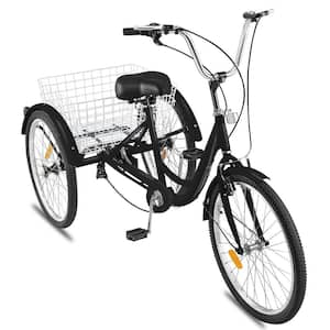 24 in. Tricycle Adult Bike 7 Speed Adult Trike Three Wheel Bicycles Cruise Bike with Large Size Basket for Adult, Black